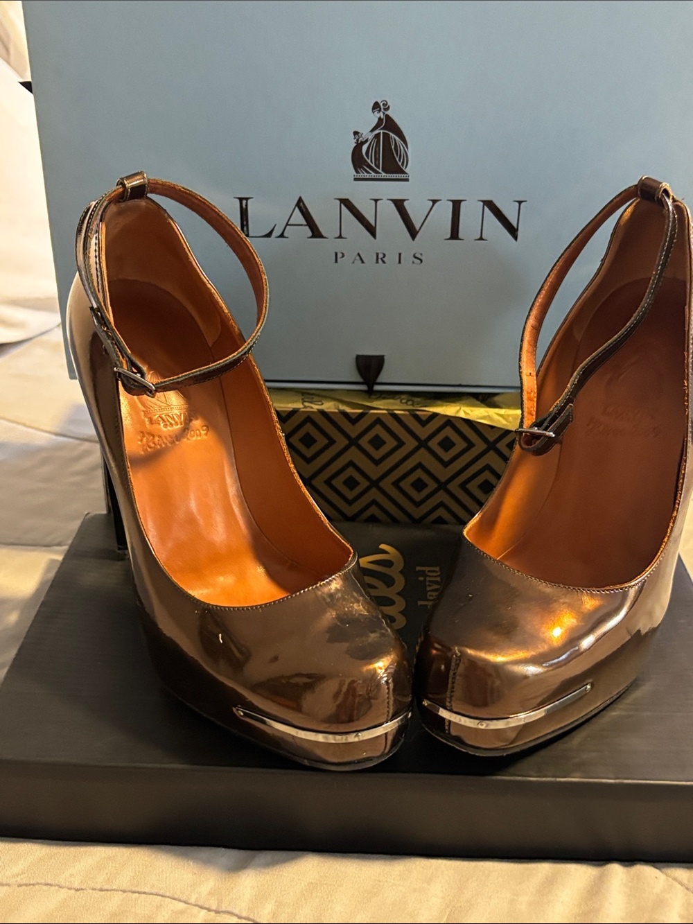 Lanvin Bronze Ankle Strap Pump w/original box, wrapping and 2 Cream Dust Bags